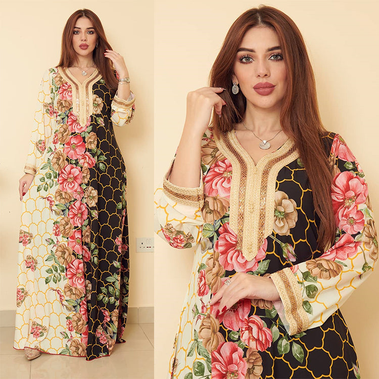 New Arab Traditional Women's Jalabiya Printed Robe with Diamonds Kaftan Middle East Women's Dubai Kuwait