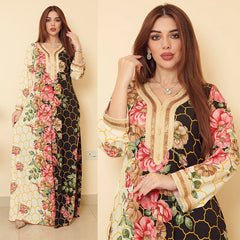 New Arab Traditional Women's Jalabiya Printed Robe with Diamonds Kaftan Middle East Women's Dubai Kuwait
