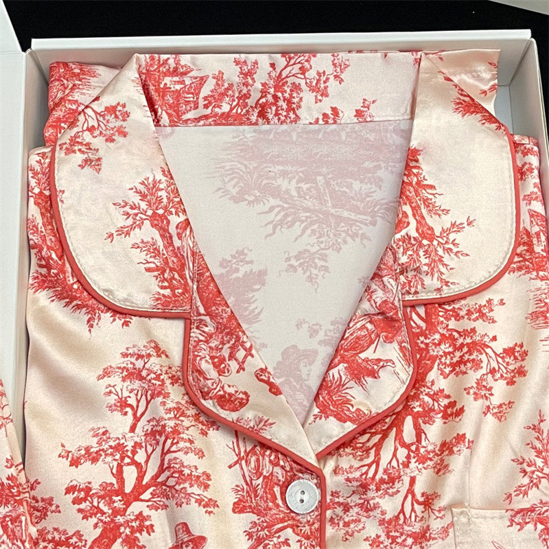 Tie-dye powder comfortable  silk long-sleeved women's pajamas home clothes thin suit