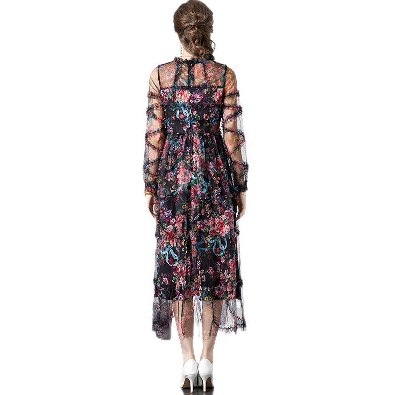 2023 الخريف المرأة الجديدة الفرنسية بوتيك مطبوعة الربط شبكة الحرف الثقيلة فستان طويل تنورة 