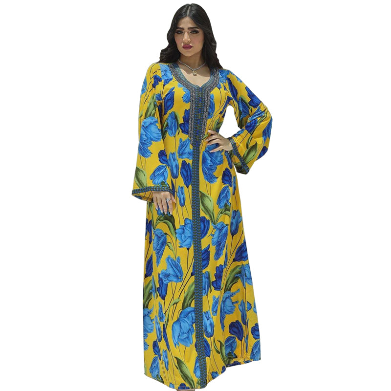 Middle East Print Kaftan Muslim Hot Diamond Robe Jalabiya Arab Traditional Ethnic Dress Dubai Turkey