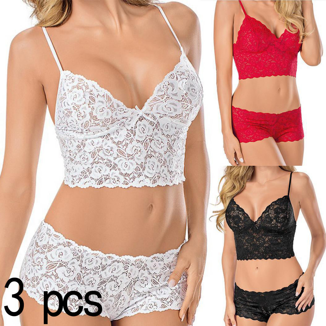 3pcs Ladies Lace Bra Panty Set Breathable Stretch Fashion Sling Underwear Set