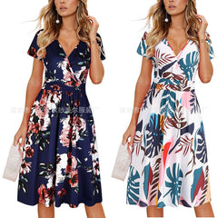 Women's Flower Print Boho Party Dress Summer V Neck Short Sleeve Mini Tank Top