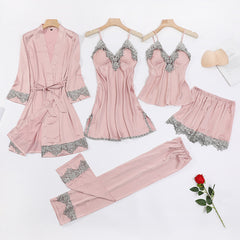 Five-piece pajamas women's summer thin ice silk suspender nightdress nightgown set