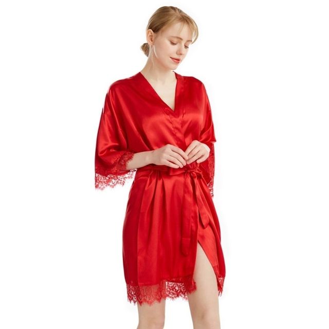 Women Satin Robe Sexy Solid Lingerie Silk Bathrobe Short Kimono Sleepwear Deep V Bridesmaid Wedding Party Dress Gown Nightgown