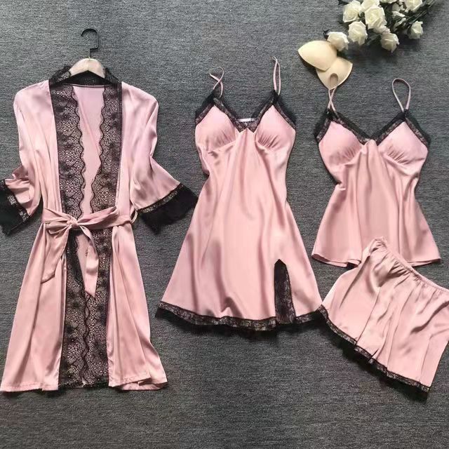 Large size four-piece set with chest pad sexy suspenders home lace pajamas