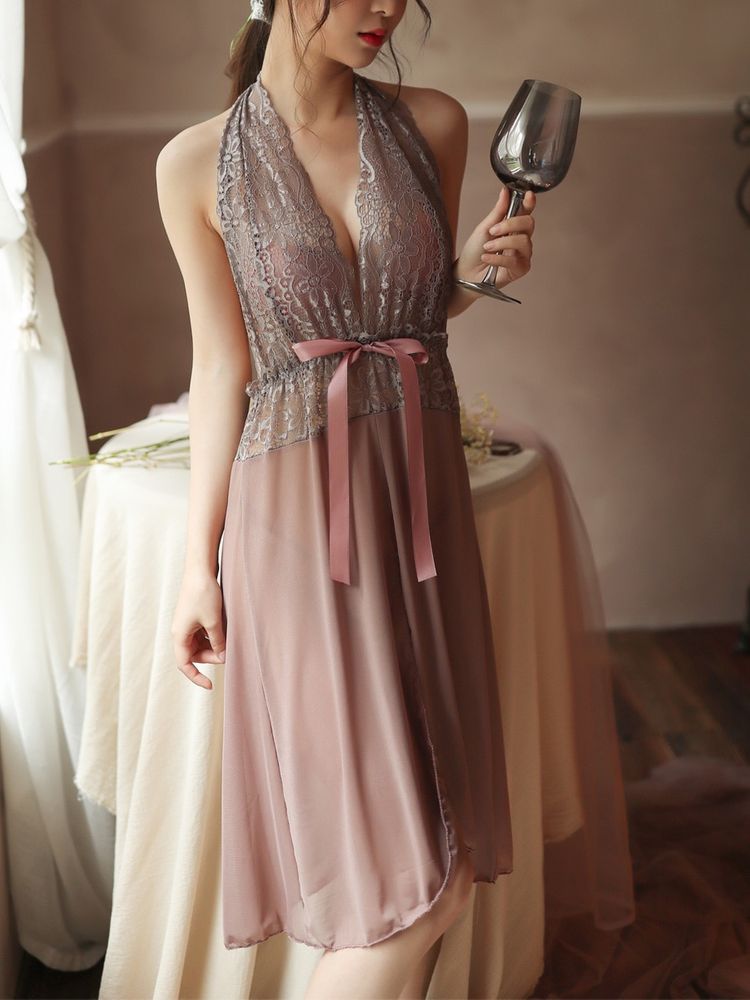 Ladies halter nightdress solid color deep v bow home underwear women's short skirt