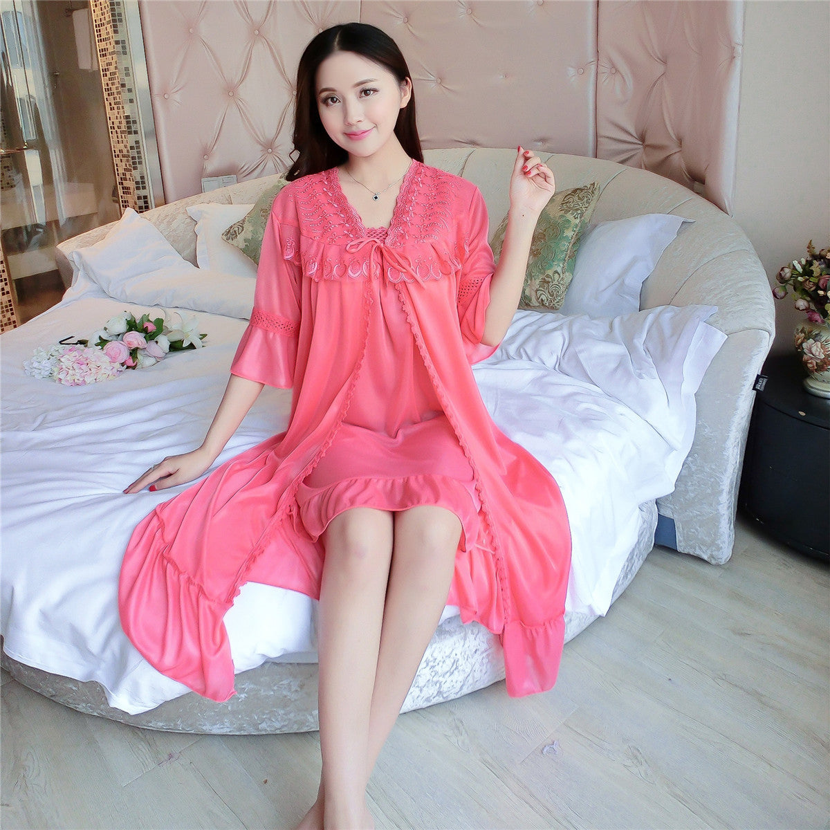 6-color ice silk nightdress nightgown two-piece suit pajamas mid-length suspender nightdress short-sleeved nightgown home service