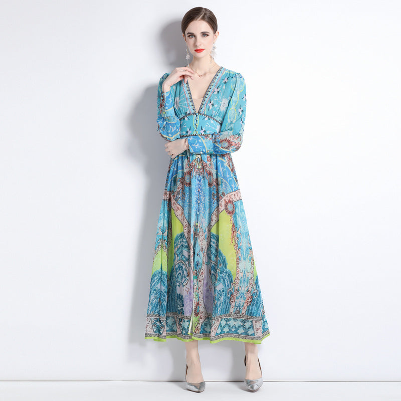 2184  shot 2023 early spring vacation style temperament design collar print long sleeve waist waist dress