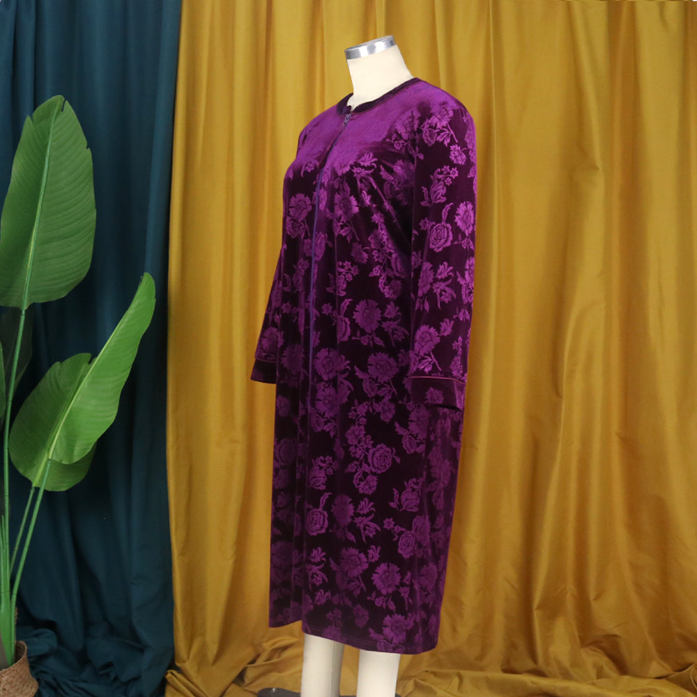 European and American round neck long-sleeved velvet   purple warmth African women's nightgown bathrobe Nightgown