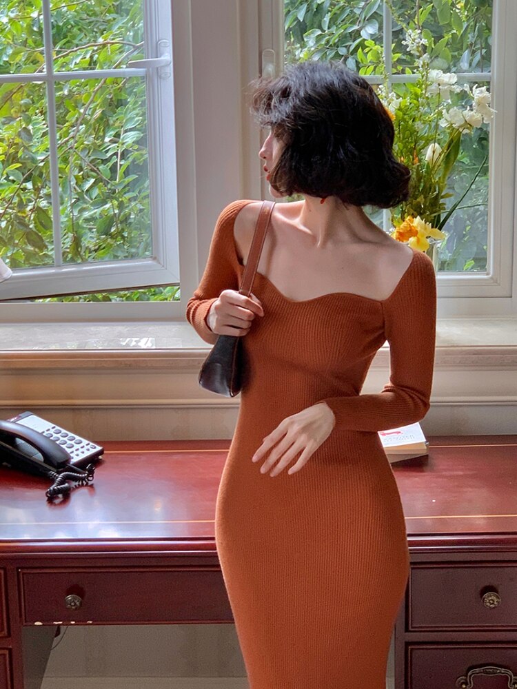 Elegant Vintage Knitted Dress Women Autumn 2022 Korean Style Evening Party Midi Dress Ladies Bodycon Casual Sexy Designer Dress