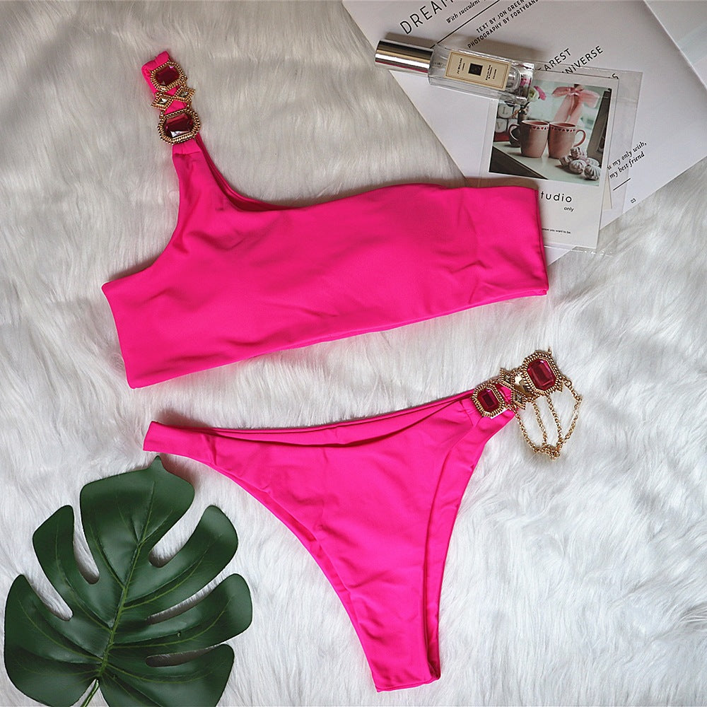New Swimsuit Crystal Chain Female Split Swimsuit Plain One Shoulder Sexy Bikini