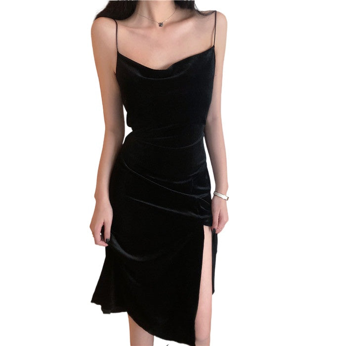 New 2022 Vintage Women Dress Spaghetti Strap Slit Velvet Black Dress Sexy Bodycon Bandage Dress Midi Party Dress Verano Vestidos