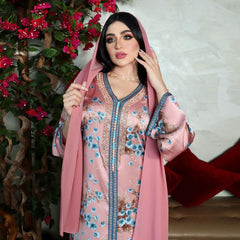 Sweet Pink Floral Maxi Long Dress for Women Ethnic Diamond Ribbon V Neck Middle East Muslim Jalabiya Autumn 2021 New Abaya Eid