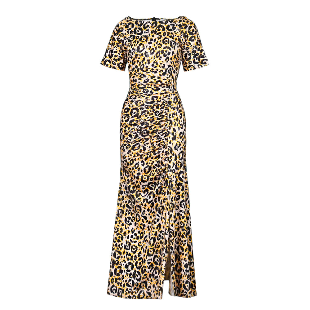 Mulheres vestidos de leopardo bodycon plissado impressão fenda o pescoço manga curta cintura alta cocktail festa à noite outfits formatura vestido lon