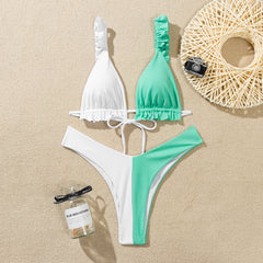 European and American hot style contrast bandage double-sided bikini ladies cute flashing high-cut swimsuit swimwear