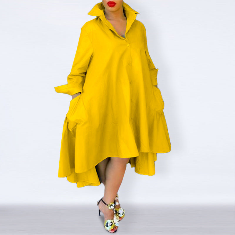 VONDA ladies lady-like temperament solid color shirt dress European and American sweet and elegant lapel button placket front short and back length irregular design long skirt daily spring and summer large size wild dating skirt