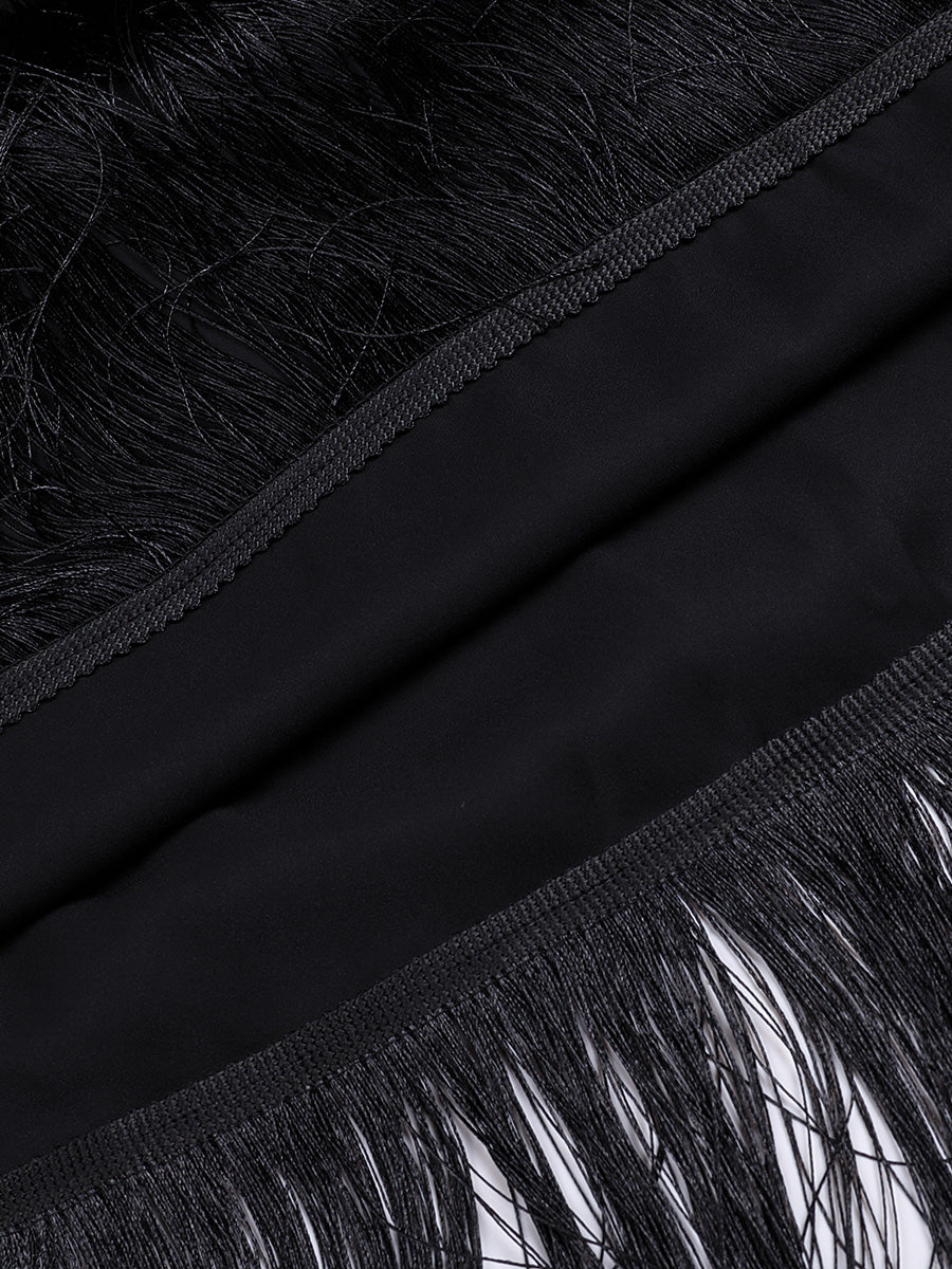 Black Elegant Satin V-Neck Fringed Hem Dress