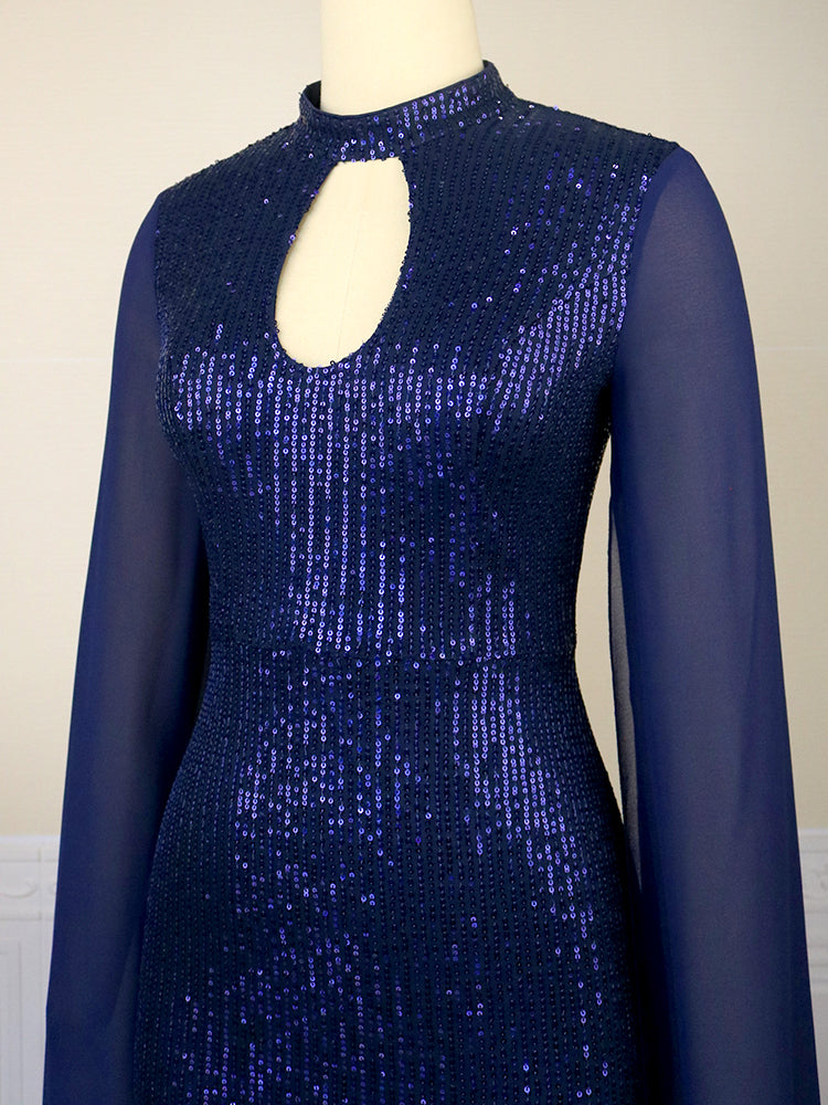 AOMEI Women Party Dress Sequin Glitter Evening Cloak Sleeve Stand Neck Cut Out Bodycon Shiny Vintage Classy Birthday Event Gowns