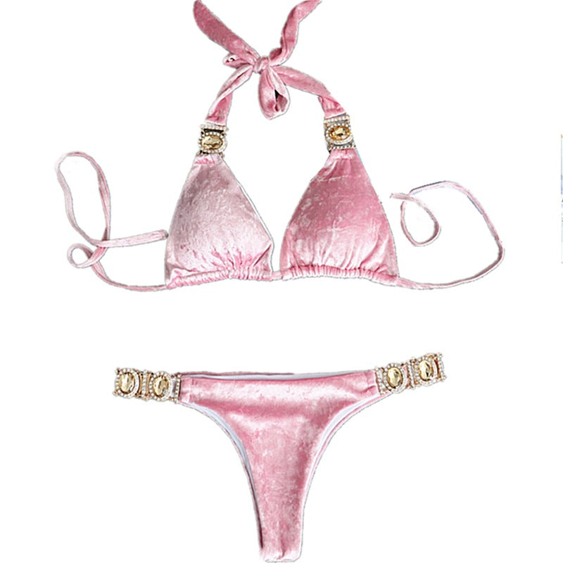 Pink Gold Velvet Women's Split Swimsuit Sexy Crystal Diamond Bikini