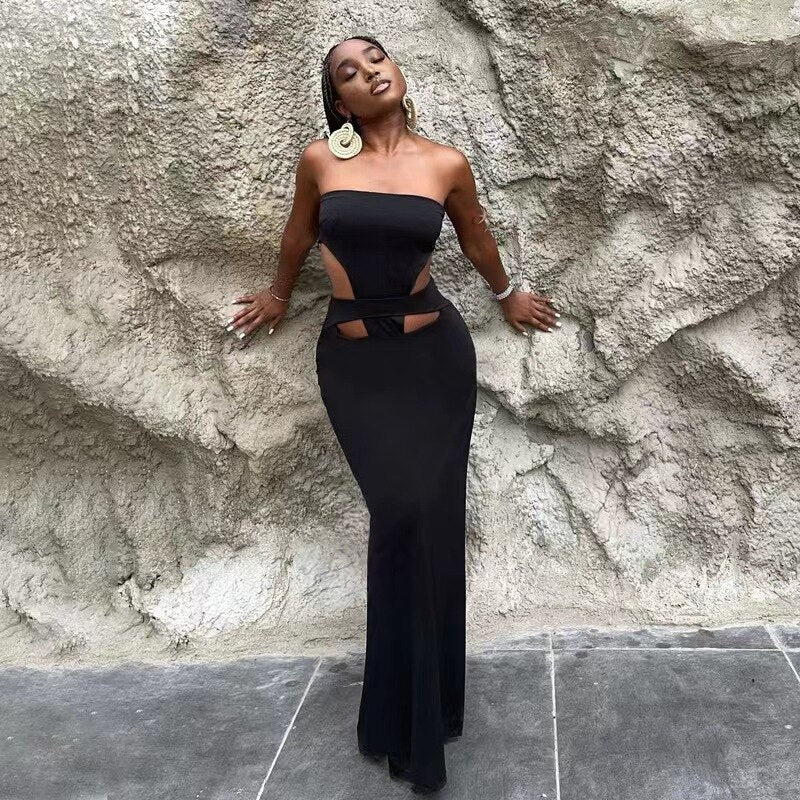 Women's New Solid Color Dress Hollow Wrap Chest Backless Dress Sexy Fashion Night Club Side Split Sleeveless Dress Long Skirt