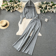 Autumn and winter European and American style minimalist solid color  hooded top +  waisted  trousers casual two-piece set