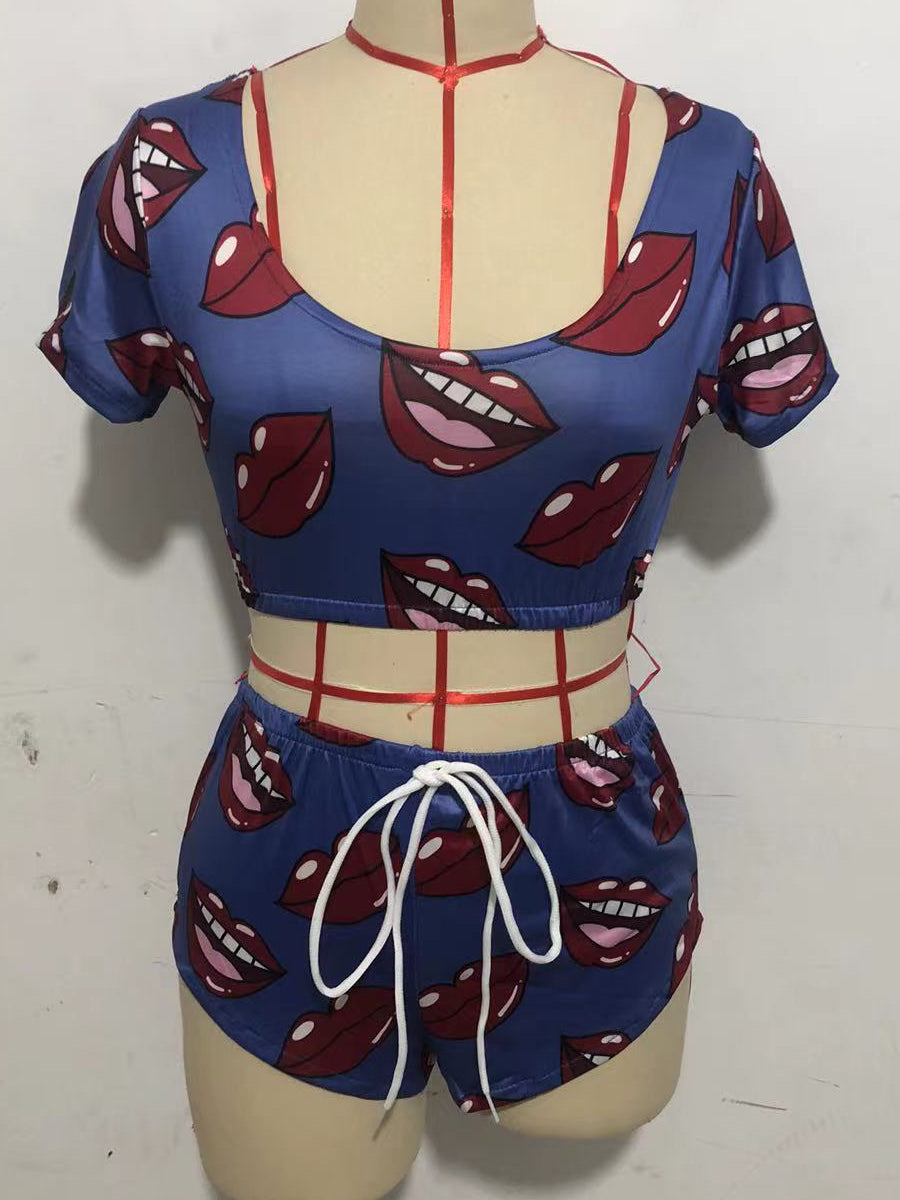 Women's pajamas deep v print big lips short-sleeved home wear suit