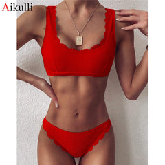 Solid Bikinis Push Up Swimwear Women 2021 Summer' Swimsuits Blue Scalloped Bathing Suit Female  Biquini  Set Bathers