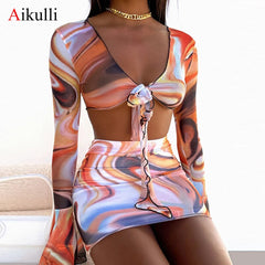 2022 New Mesh Three Piece Long Sleeve Bikinis Set Swimsuit Women's Print Swimwear Summer Swimming Beachwear Female Bathing Suits