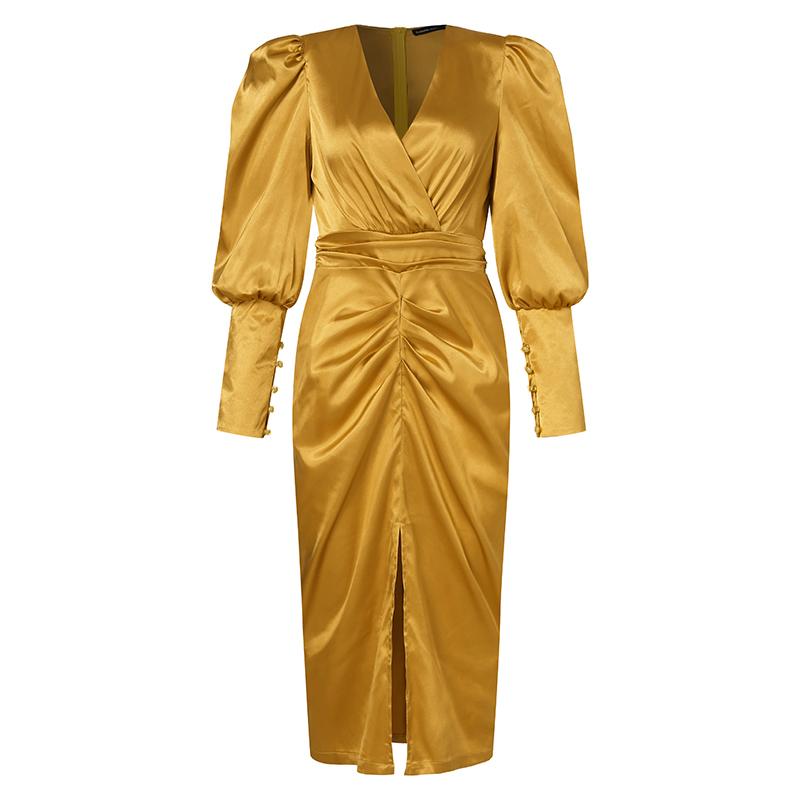 Celmia Elegant Puff Sleeve Party Dress 2022 Women Slit Hem Stain Vestidos Robe Solid V Neck Pleated Bodycon Sundress Plus Size