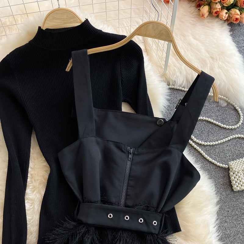 Autumn black stand-up collar tight  bottoming shirt two-piece suit  waisted splicing  fringe suspender dress