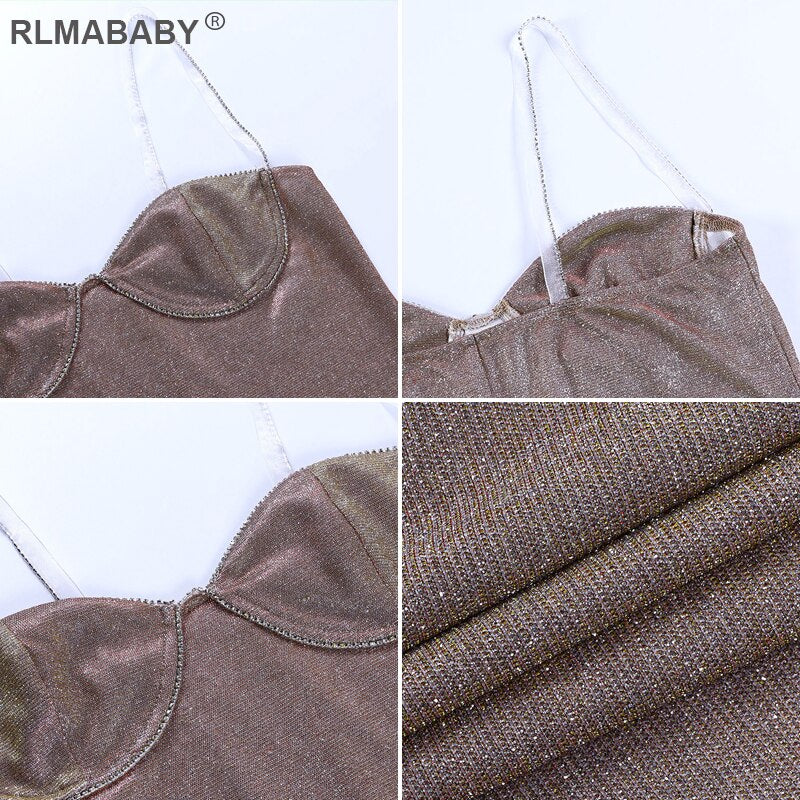 Sexy Bright Silk Diamond Women Mini Dress Low-Neck Sleeveless Backless Night Club Party Bodycon Dress New Elegant  Dress