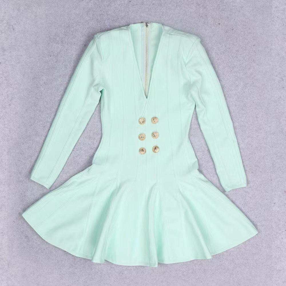 Double-breasted dress European and American foreign trade bandage dress deep V-neck ultra-short fishtail skirt pleated large hem skirt drape