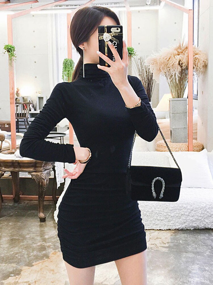 Korean Women Dress Temperament Casual Basic Simple Long Sleeve Folds Bodycon Skinny Slim Mini Party Club Stretchy Mujer Vestidos