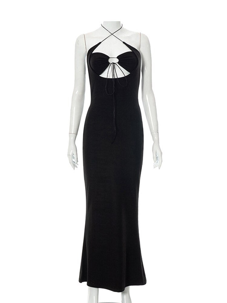 JULISSA MO Hollow Out Strapless Backless Sexy Long Dress Women Bodycon Slim Draw String Dress Female Night Club Ladies Vestidos