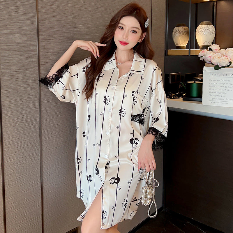 Ice Silk Shirt Dress Summer Thin Cardigan Lapel Print Short Sleeve Mid-Sleeve Nightdress