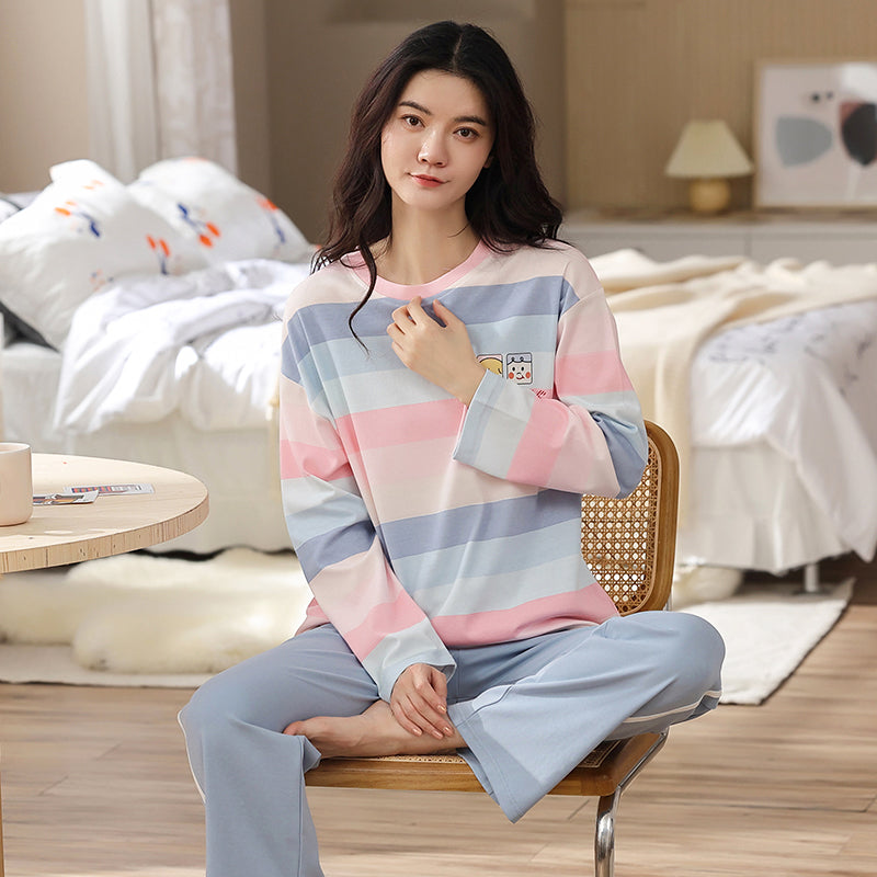 Pajamas women's spring and autumn cotton long-sleeved trousers  casual cute  plus size home service two-piece suit can be worn outside