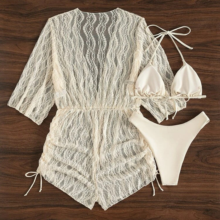 Mesh three-piece swimsuit solid color drawstring corset sunscreen beach vacation swimsuit female bikini