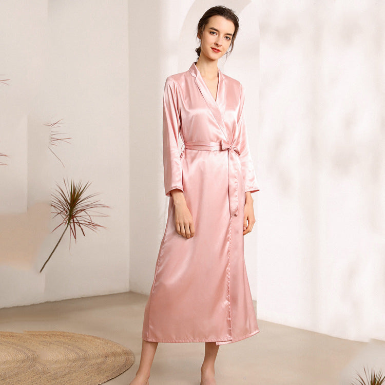Simulated silk pajamas women's lapel long nightgown women's sexy pajamas bathrobe home service