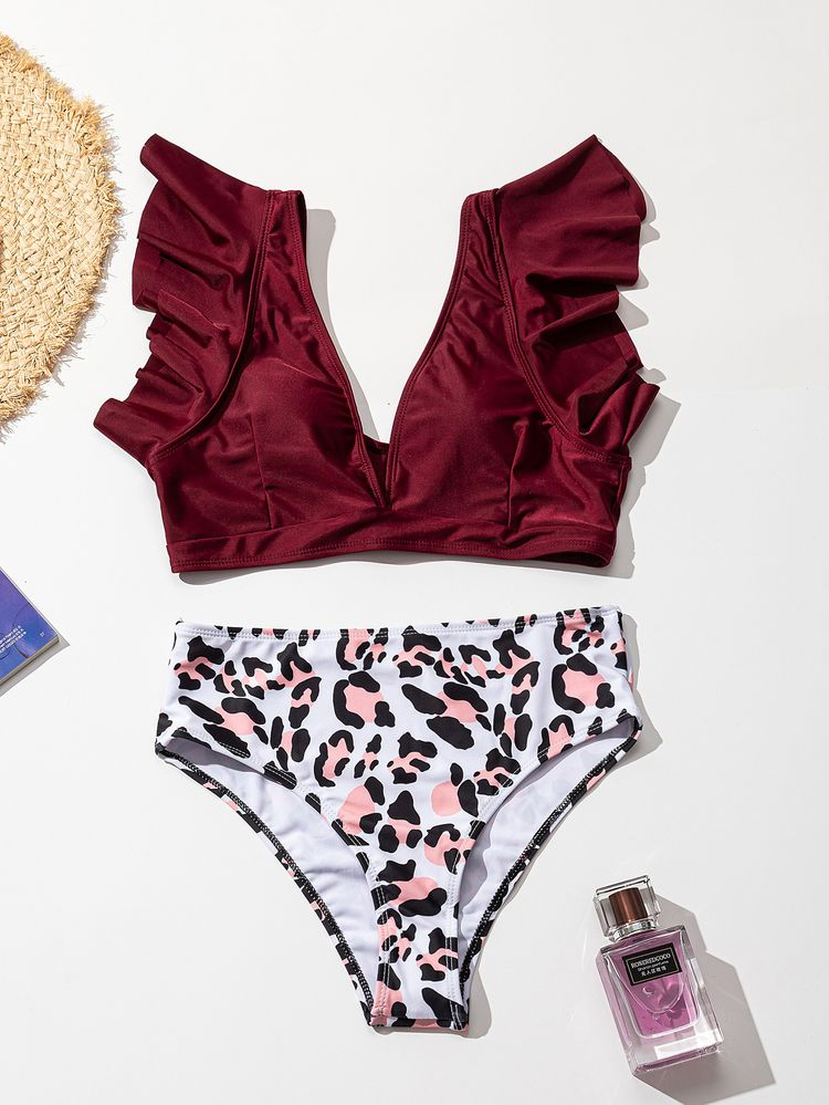 ملابس سباحة بكيني من قطعتين بخصر عالٍ، 9 ألوان مكشكشة