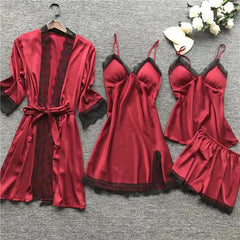 Large size four-piece set with chest pad sexy suspenders home lace pajamas