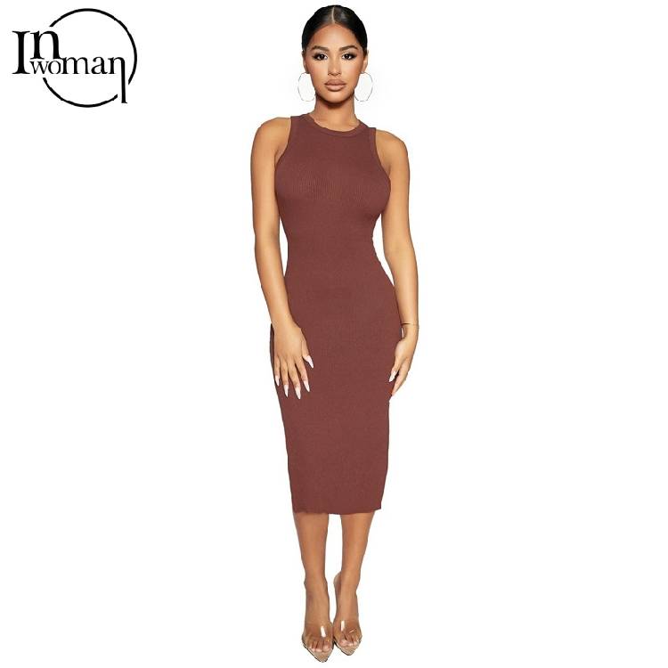 INWOMAN Summer Bodycon Dresses For Women 2021 Sundress Black White Dress Ribbed Knitted Short Wrap Party Ladies Midi Dress