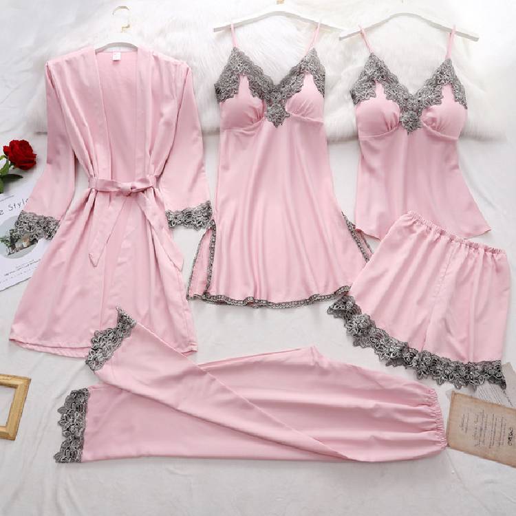 Women's 5 Pieces Pajamas Sets Silk Robe Sleep Suit Lace Satin Nightgown Neck Cami Nighties Wear Pijama Home Nightdress