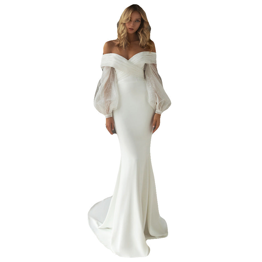 European and American evening dress solid color one shoulder dress wedding dress