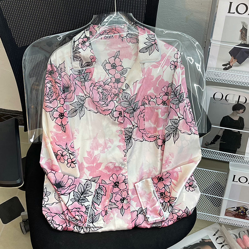 Summer Ladies Comfortable Luxurious Pajamas Long Sleeve Homewear Simulated Silk Suit