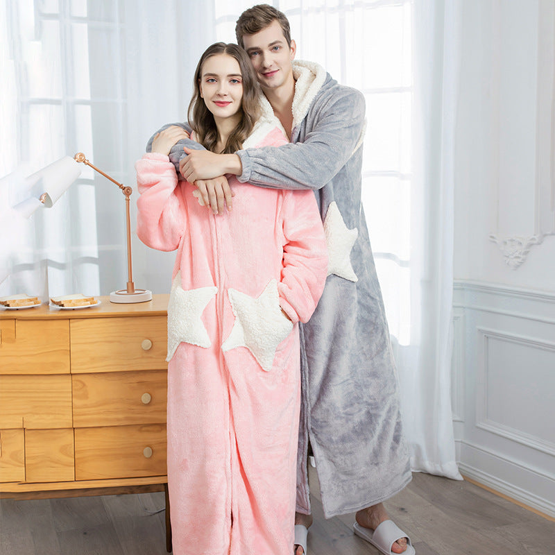 Korean style nightgown female star nightdress coral velvet thickened pajamas men's autumn and winter long  outer wear home service bathrobe