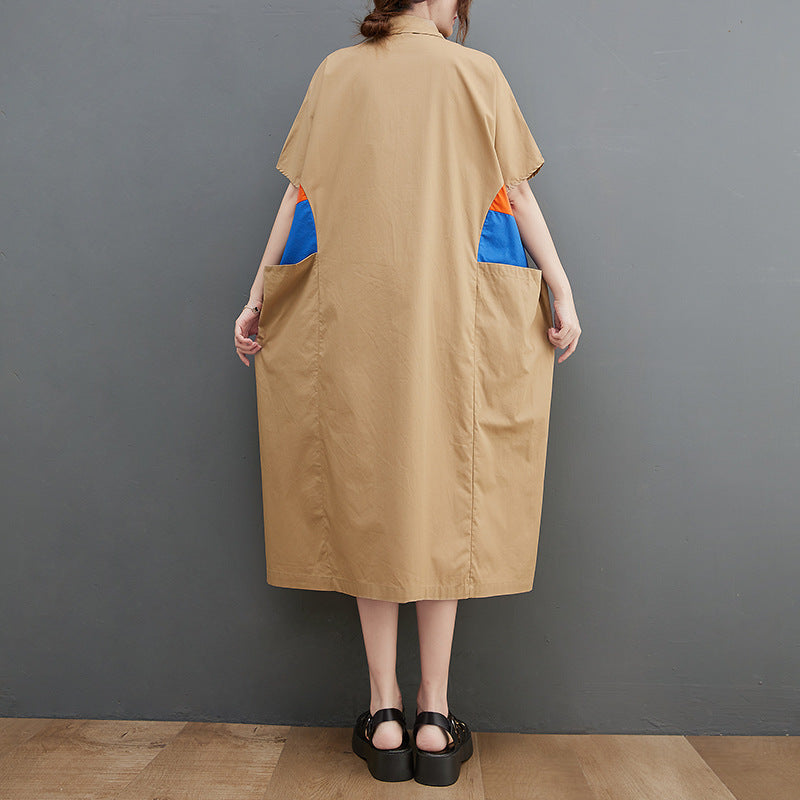 Large size women's clothing 2022 summer new fashion large size dress  and thin contrast color shirt dress women