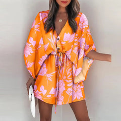 فستان قصير غير رسمي لقضاء العطلات على الشاطئ بوهو للنساء فساتين صيفية مطبوعة بأربطة وأكمام تشبه جناح الخفّاش للنساء رداء نسائي فضفاض 