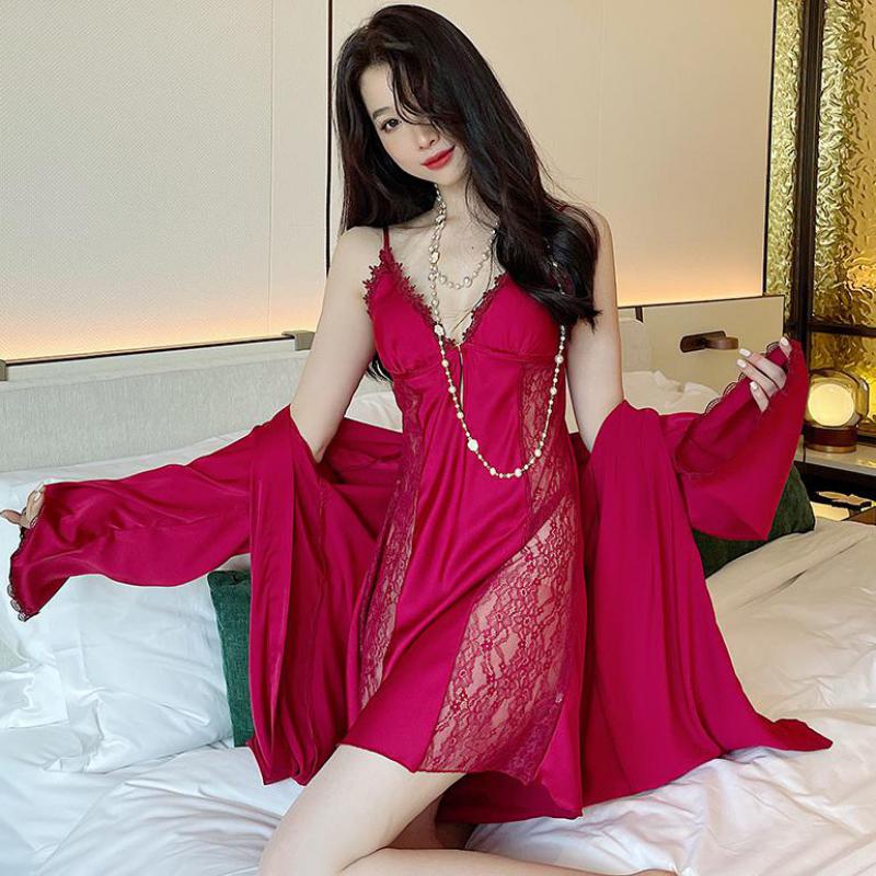 Bridal 2PCS Robe Gown Suit Strap Nightgown Satin Nightwear Lace  Out Bathrobe&Chemise Sleepwear Sexy Intimate Lingerie