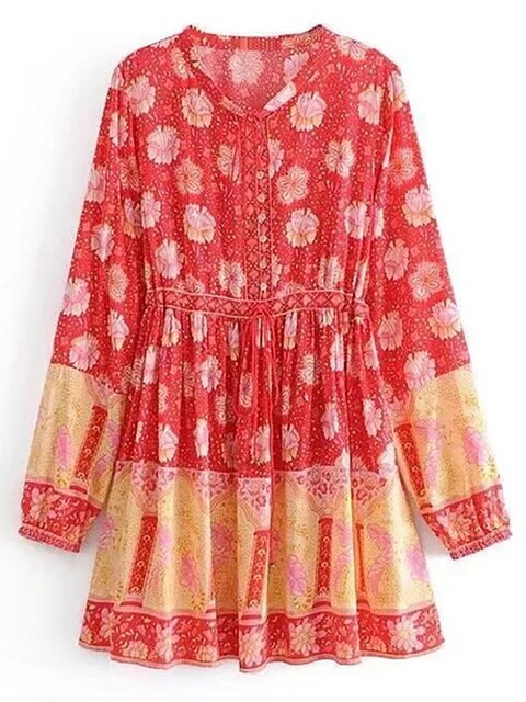 فستان نسائي قصير بنمط بوهو مطبوع عليه زهور فستان كاجوال برقبة دائرية وأكمام طويلة فستان على شكل حرف A للسيدات بأزرار للحفلات 